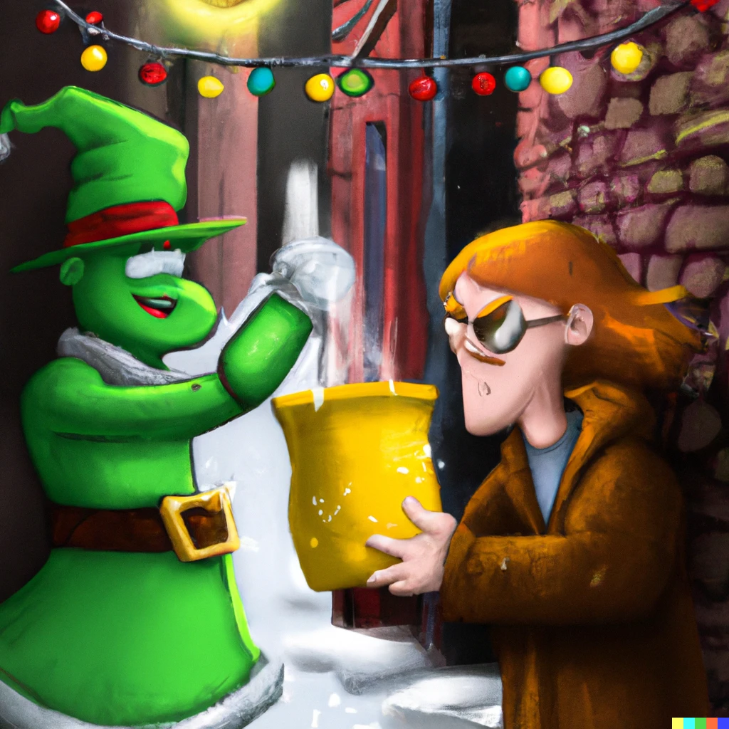 Prompt: The Green M&M trying to sell a magic yellow potion to Santa Claus in a back alley of Gotham City.