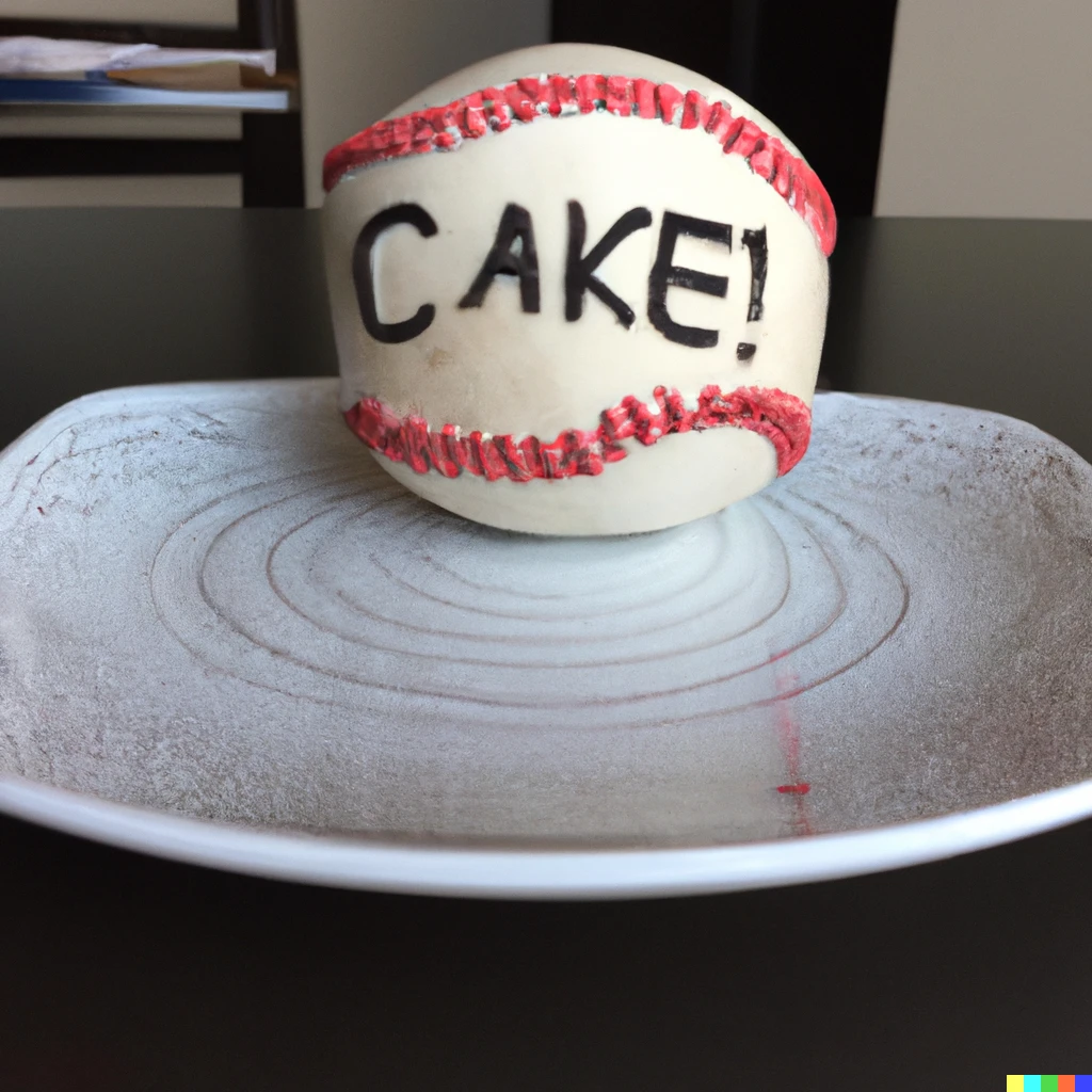 Prompt: "Is it cake?" A baseball on a plate on the table that might or might not be cake.