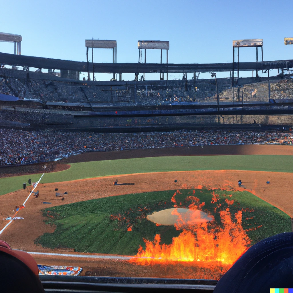 Prompt: view from my seat of a live baseball game at Citi Field with a river of lava flowing across the field