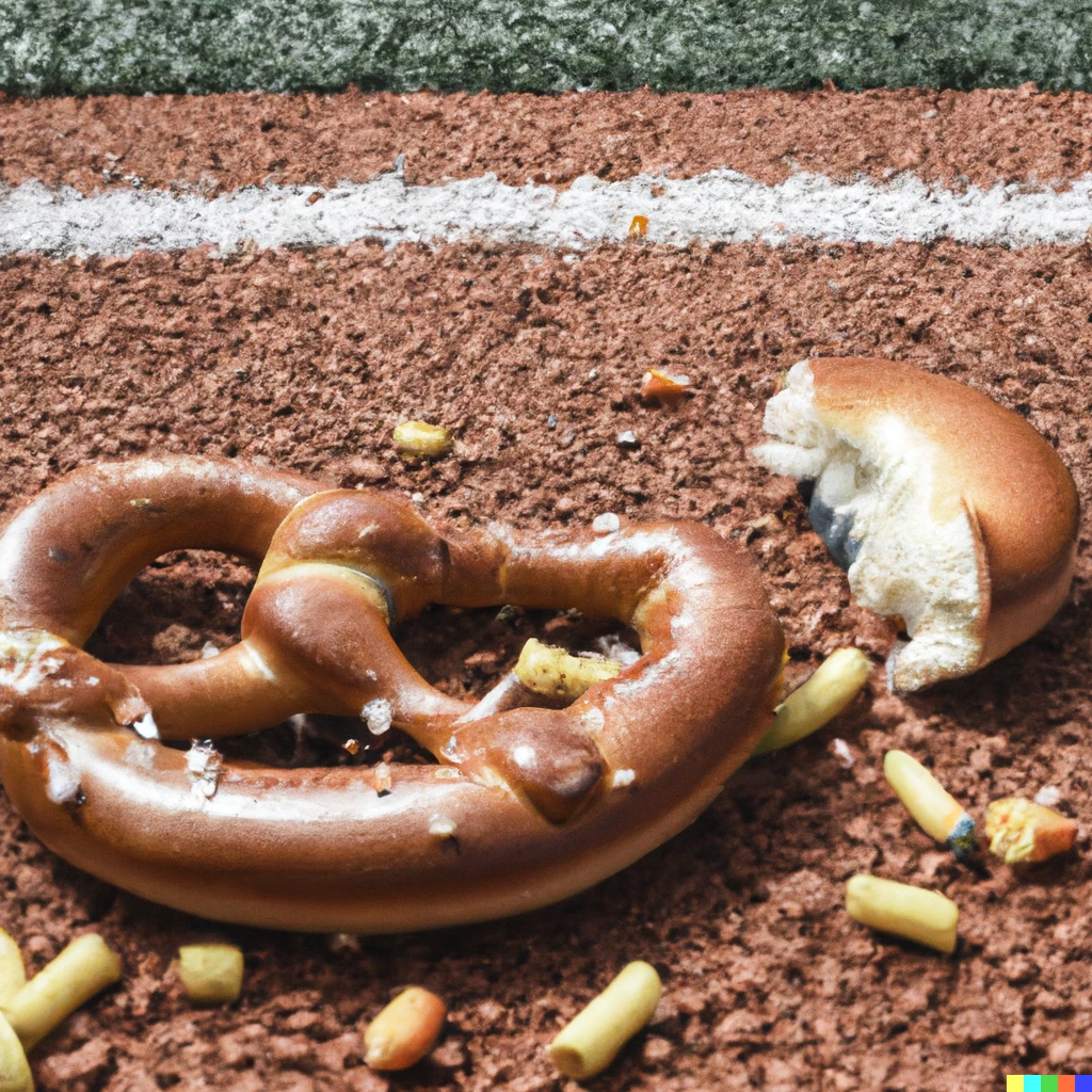 Prompt: macro photograph of a half-eaten pretzel and half of a hot dog littered on the ground around home plate in a baseball stadium