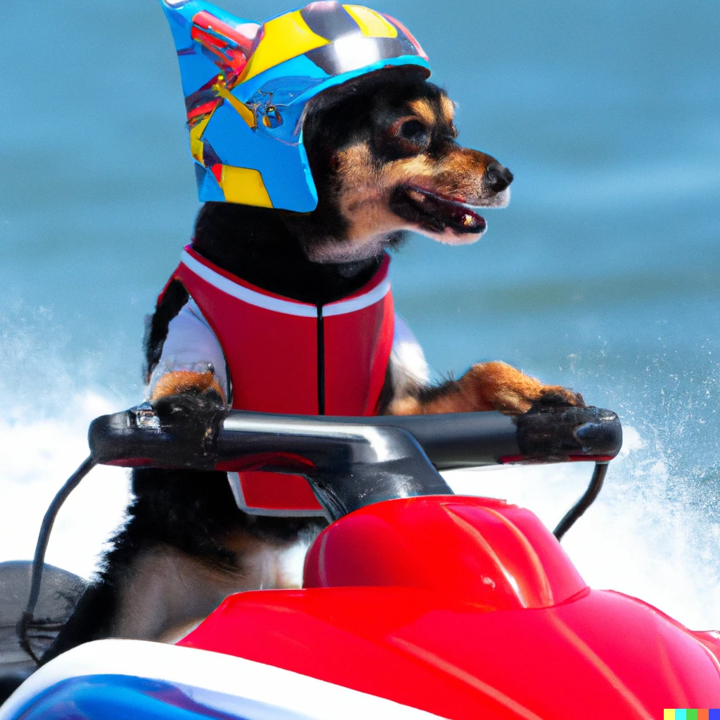 Prompt: A dog riding a jetski with a backwards sports cap