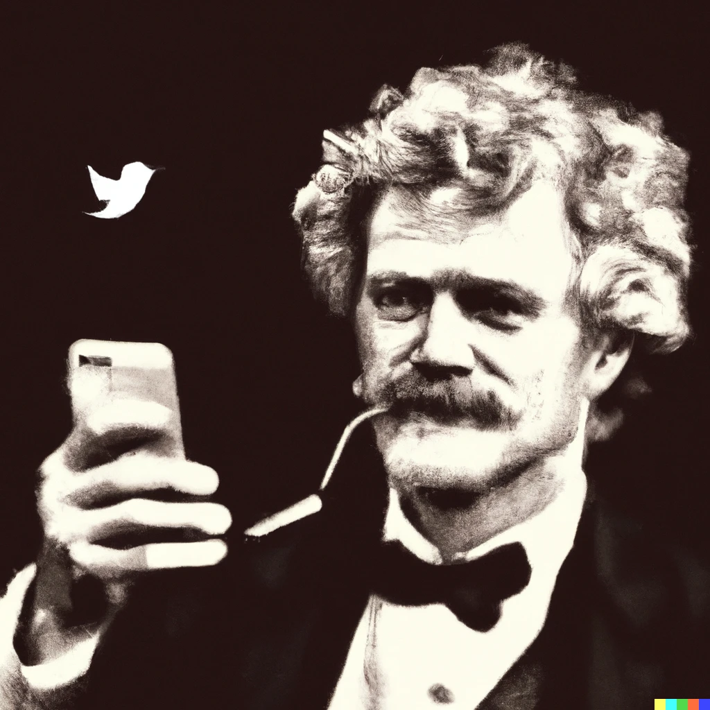 Prompt: Mark Twain in a monochromatic portrait using Twitter on a smartphone 