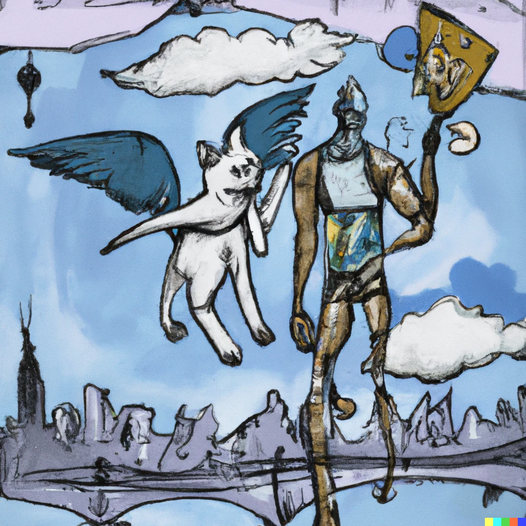 Prompt: painting of a catman with a cyborg legs and angel wings flying over newyork holding a fish with human legs