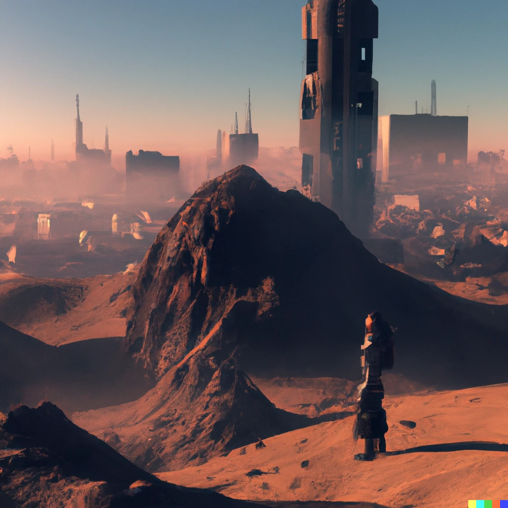 Prompt: 3D render of a woman looking at a Mega Tesla City of the edge of a mountain in planet Mars, digital art