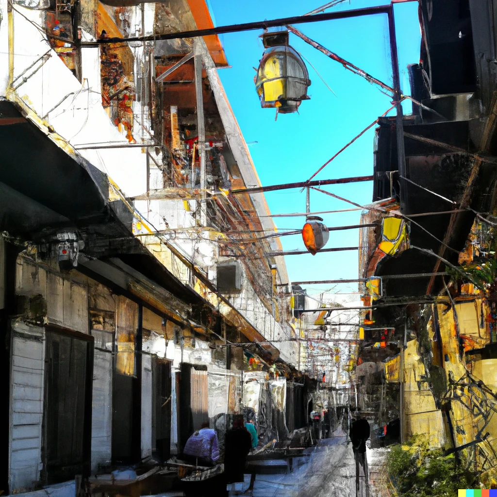 Prompt: a small street in damascus with old coffee shops on the sides with families and old lanterns