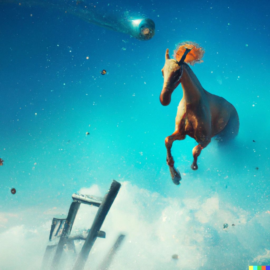 Prompt: 3d render of a horse running through the sky into the unknown, surrounded by strange objects, digital art