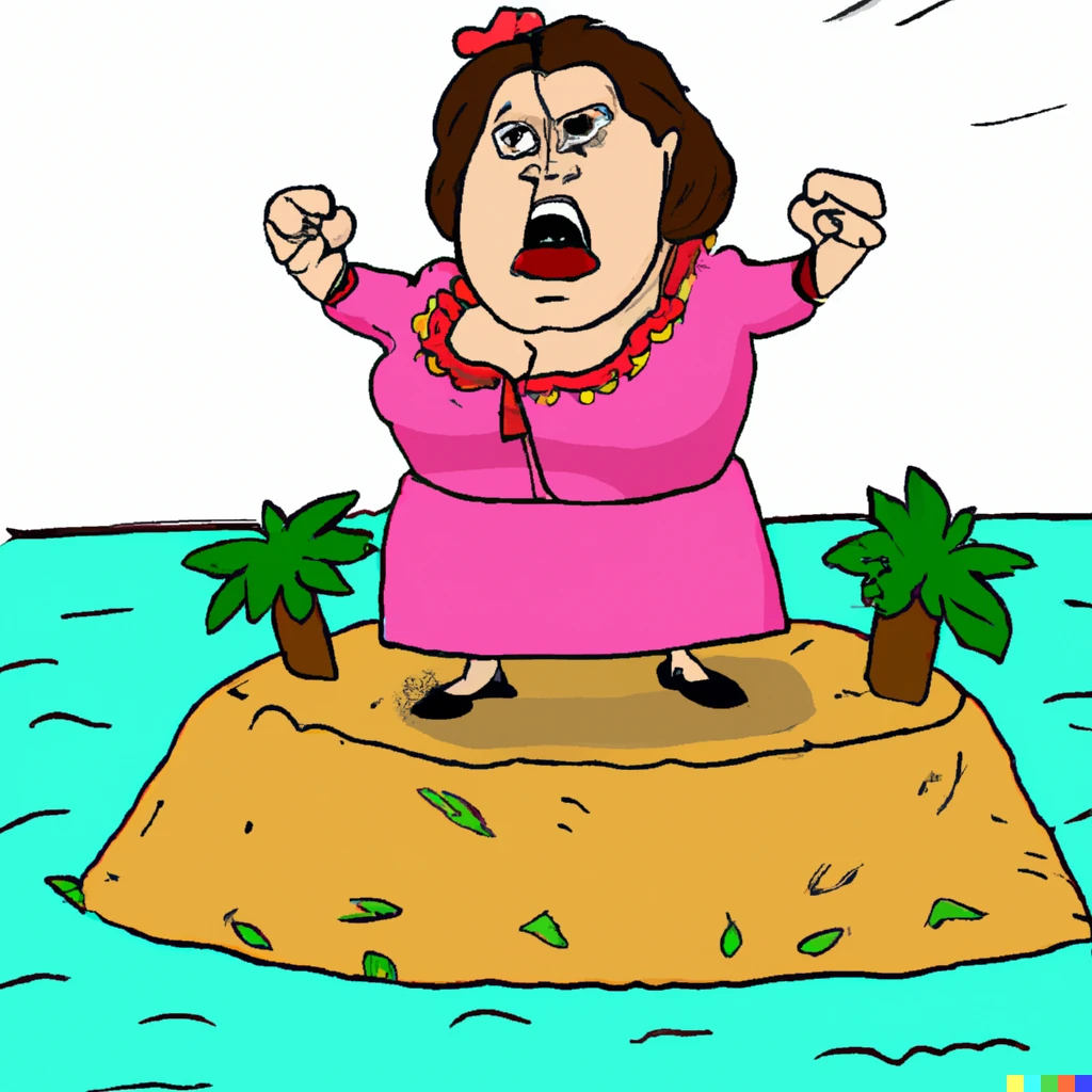 Prompt: Female politician in a pink dress defending a small island, cartoon