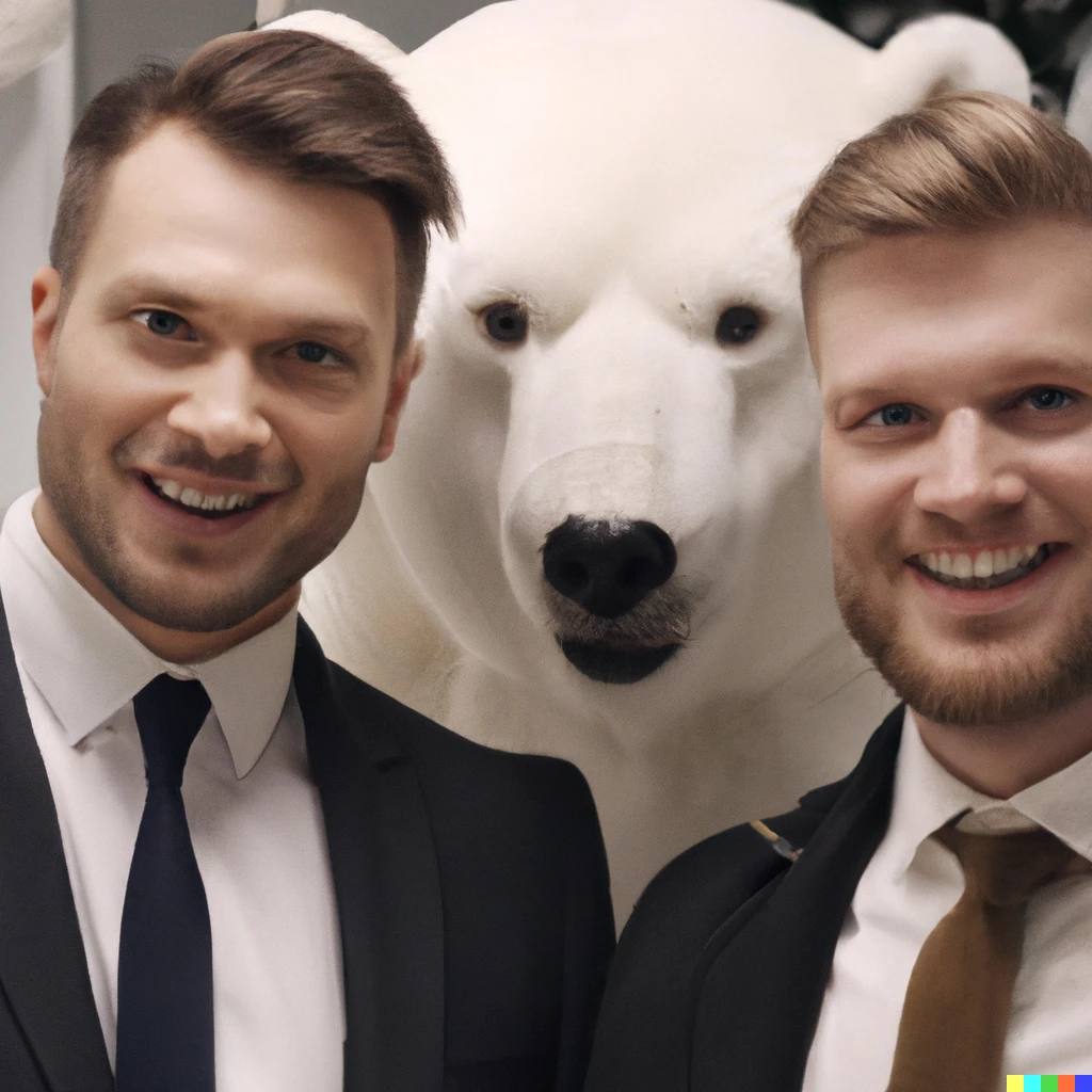 Prompt: Family Portrait of 2 guys dressed in suites with a realistic polar bear in the middle all looking into the camera. 8k.