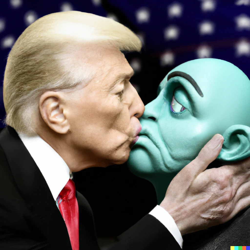 Prompt: President of the United States kissing a  Martian 