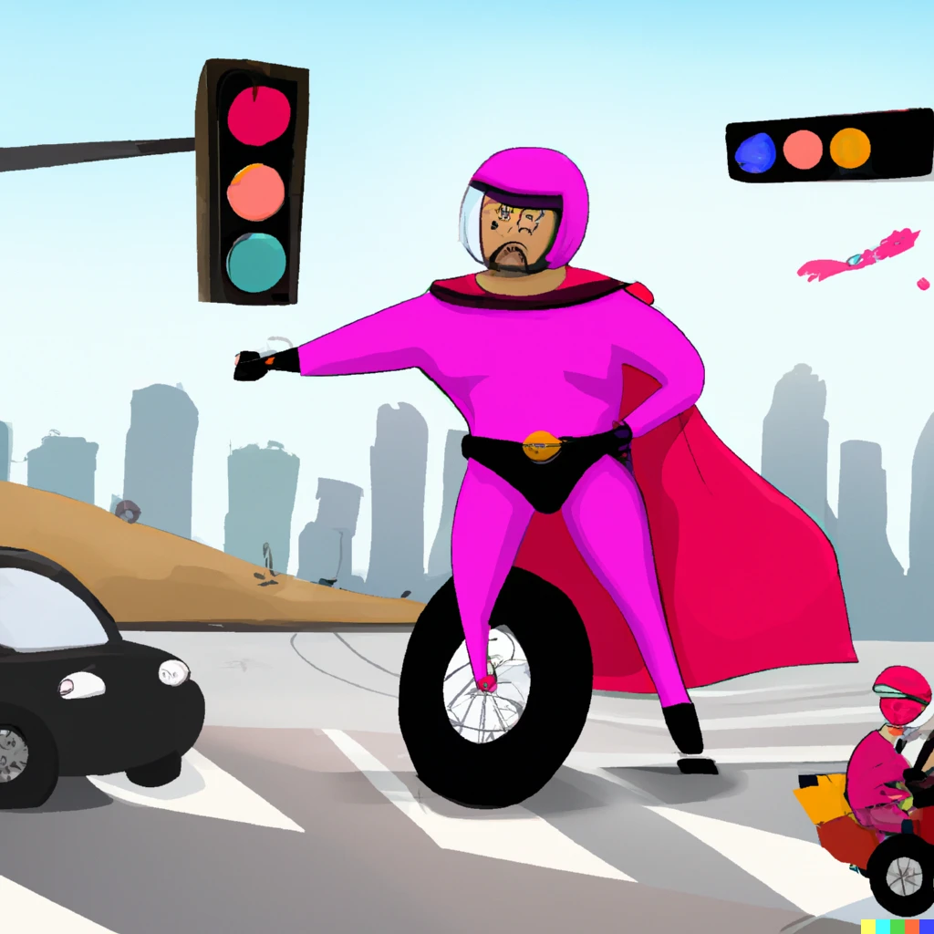 Prompt: a superhero dressed in pink riding an electric unicycle stopping cars in their tracks at a red light