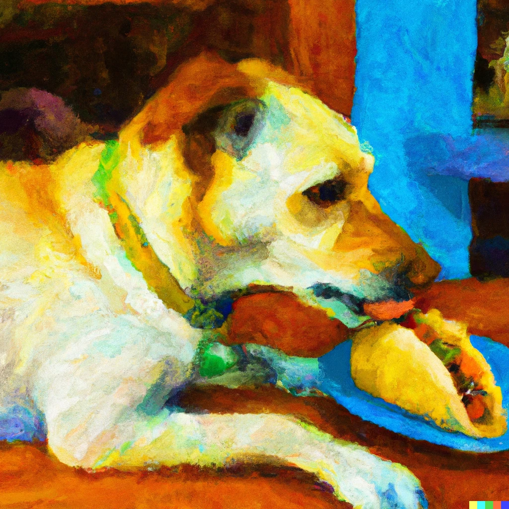 Prompt: An impressionist painting of a Labrador eating fish tacos in Cancun