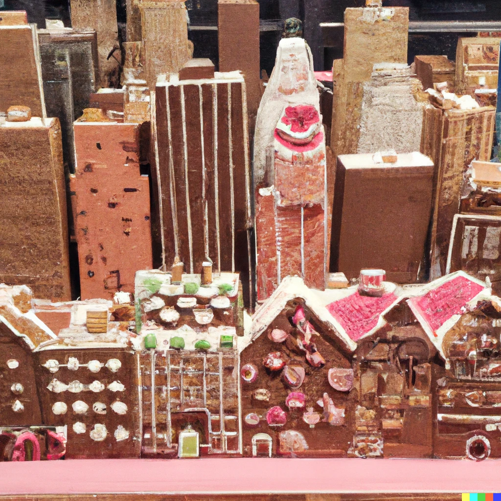 Prompt: New York City with only ginger bread houses. 