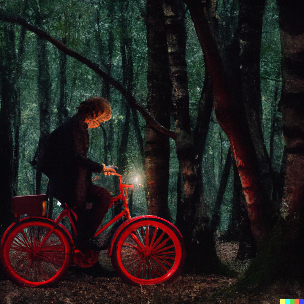 Prompt: photo of Neil Gaiman riding a red bicycle through a dark forest