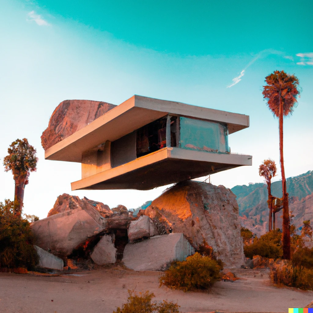 Prompt: hovering house in palm springs synthwave