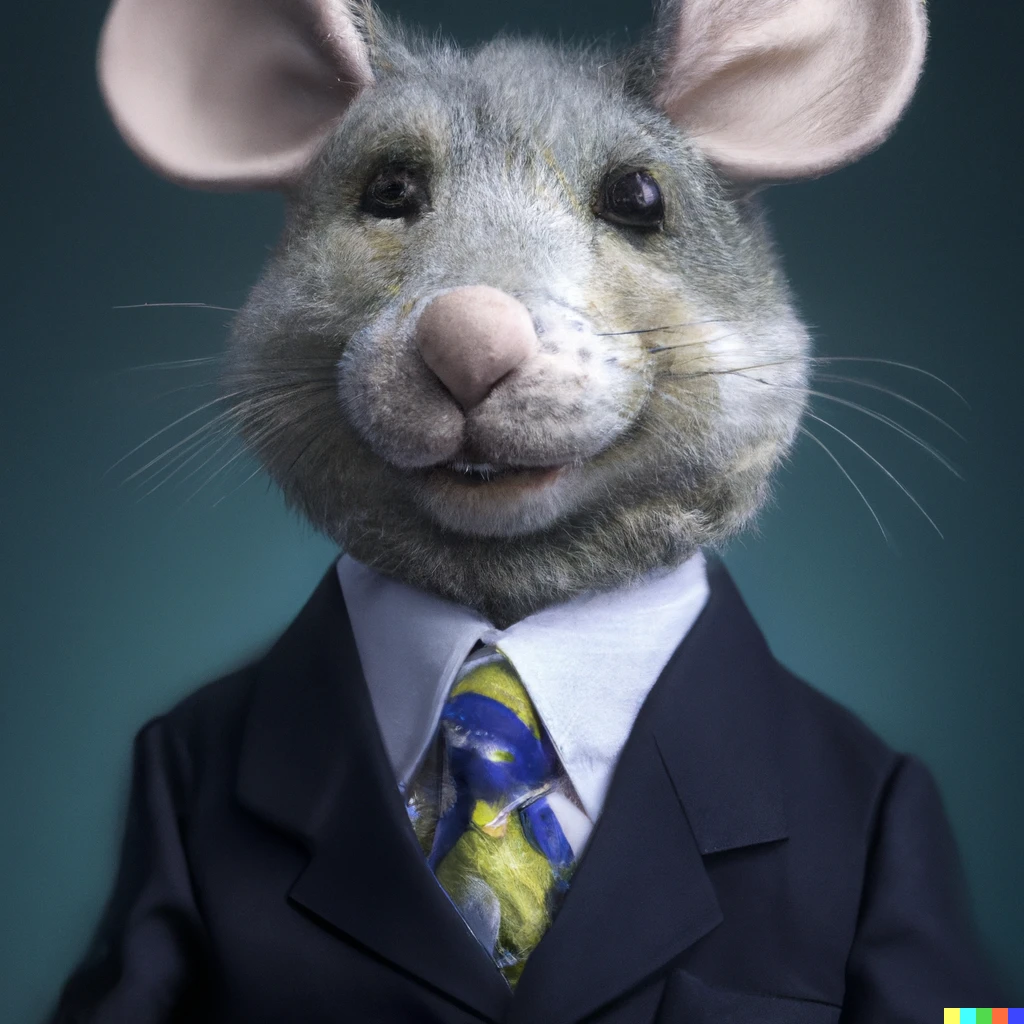 Prompt: photograph of a portrait of a mouse dressed as an executive