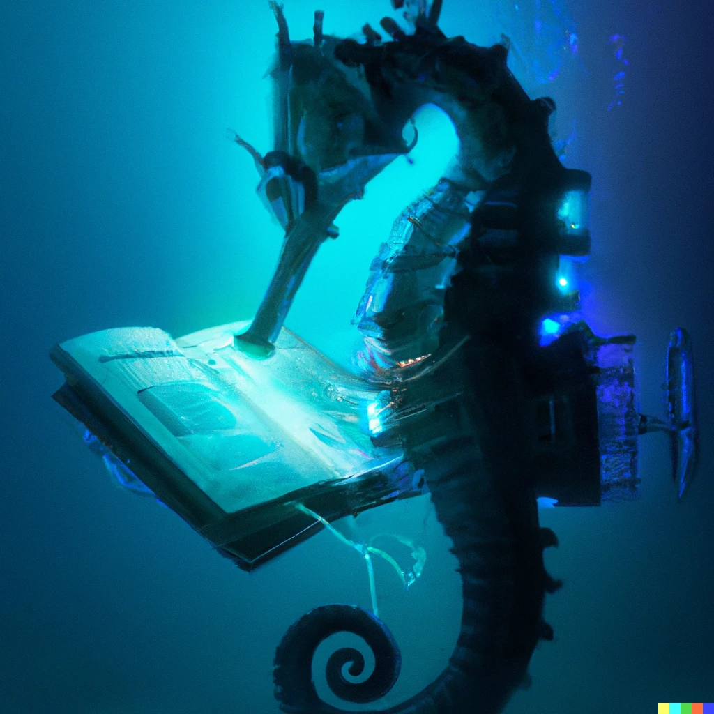 Prompt: a cyberpunk illustration of a seahorse looking at a photo album, digital art