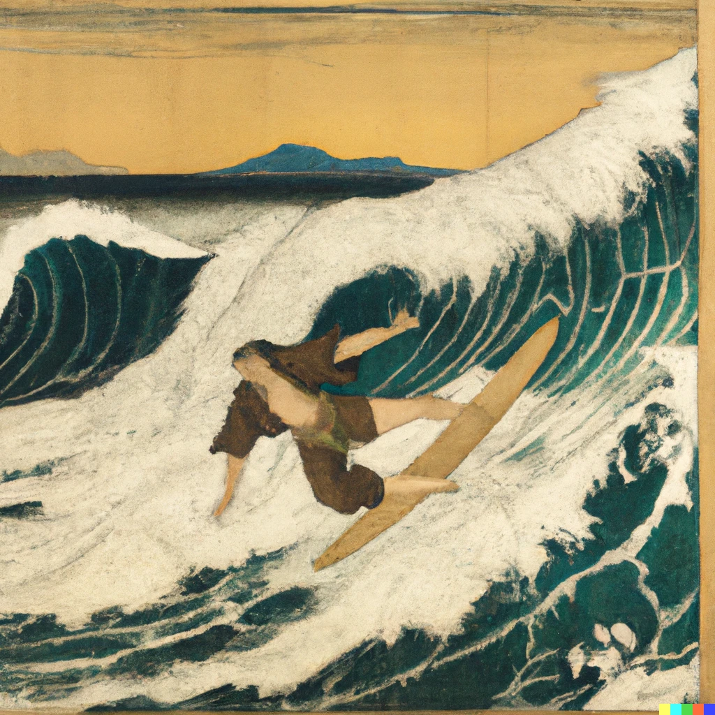 Prompt: A surfer catching a wave by Hokusai Katsushika