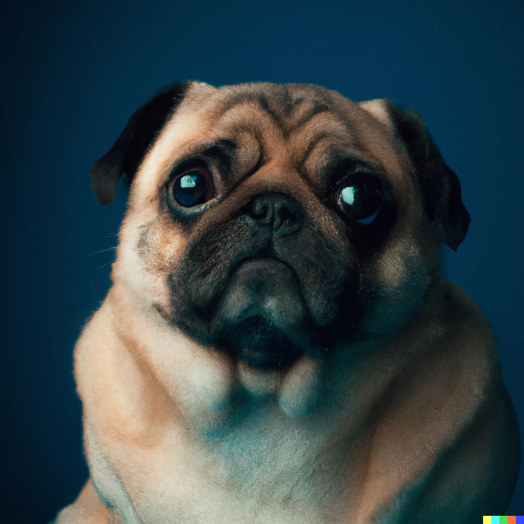 Prompt: photo of a cute pug on a dark blue background, digital art