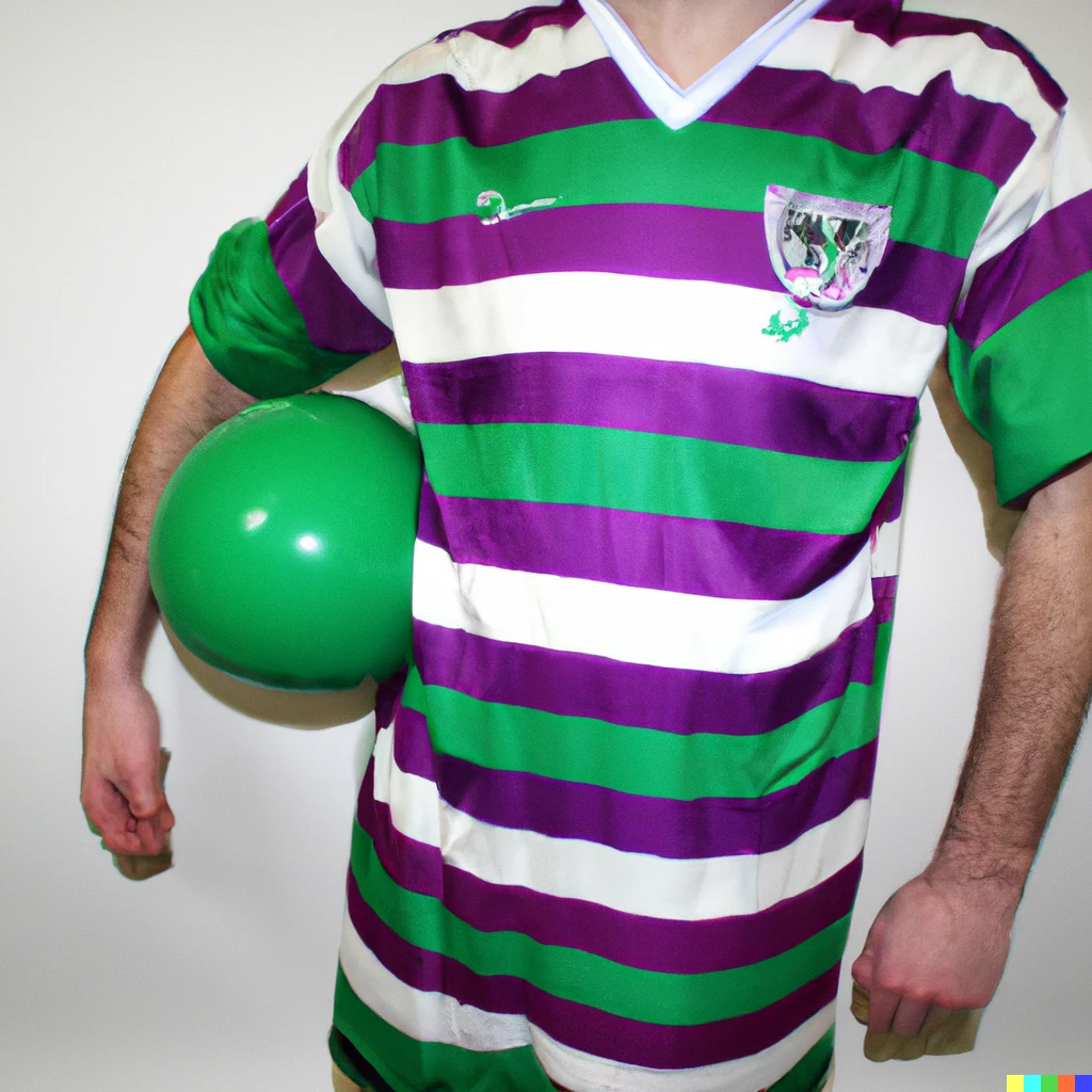 Prompt: A player recently signed by Streatham Rovers Football Club, holding a purple and green striped football kit