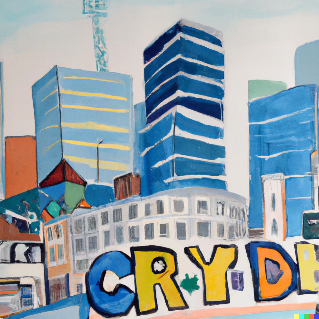 Prompt: Croydon as depicted by the artist Jamie Reid