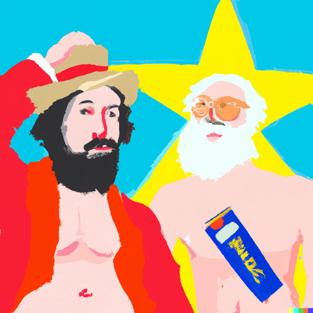 Prompt: Karl Marx wearing a bikini, Friedrich Engels applying sunscreen 