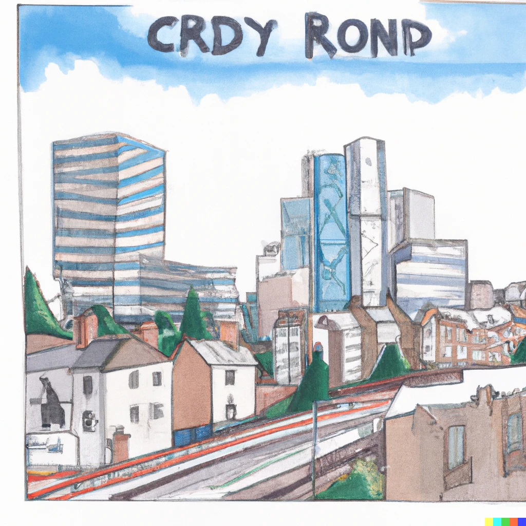 Prompt: Croydon as depicted by the artist Jamie Reid