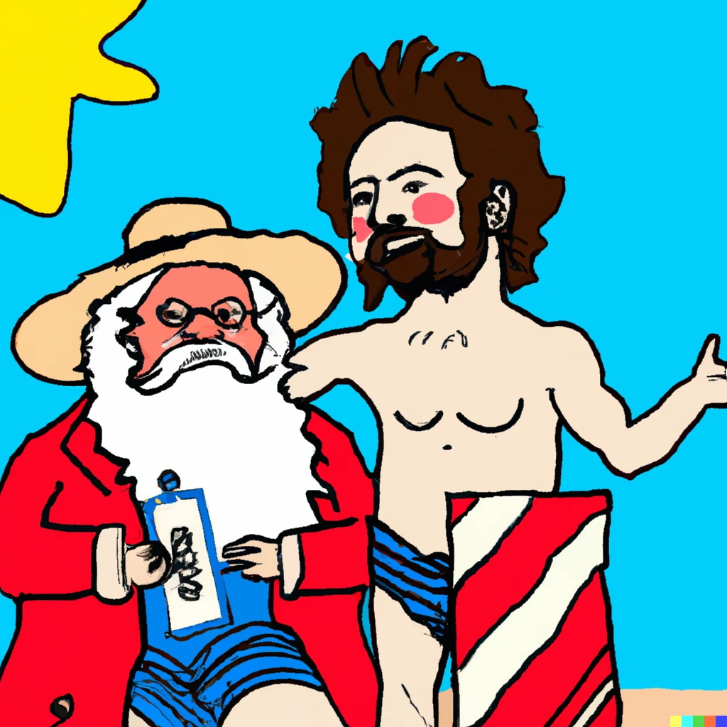 Prompt: Karl Marx wearing a bikini, Friedrich Engels applying sunscreen 