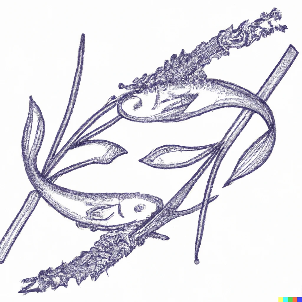 Prompt: Two lavender stems drawn as if they were the pair of fish in the Pisces symbol