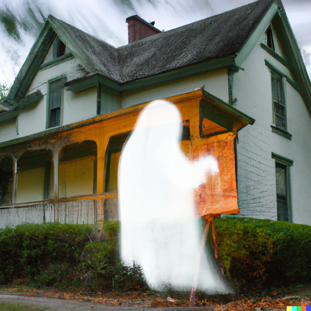 Prompt: ghost painting a picture of an impressionist painting of a haunted house