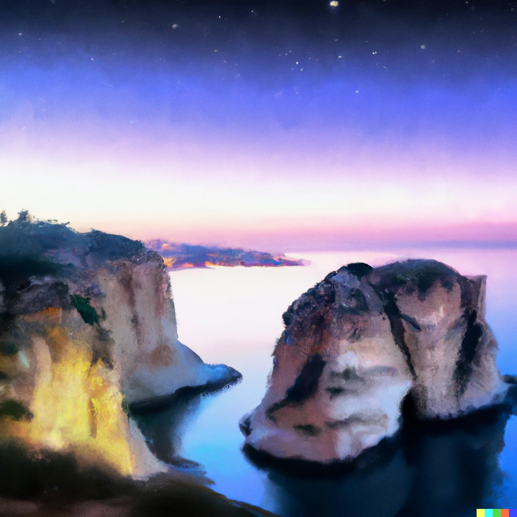 Prompt: A painting of the raouche in Lebanon at dusk, digital art 