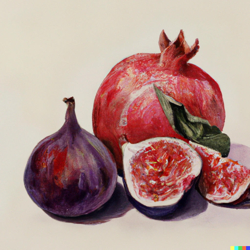 Prompt: a watercolor painting of a fig and a pomegranate, digital art