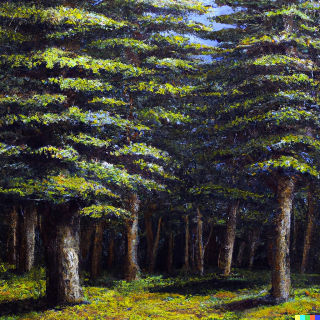Prompt: an expressive oil painting of a Lebanese cedar tree forest, digital art