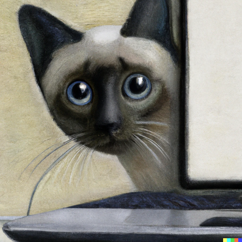 Prompt: an high quality oil painting of a siamese cat peeking from behind a laptop screen