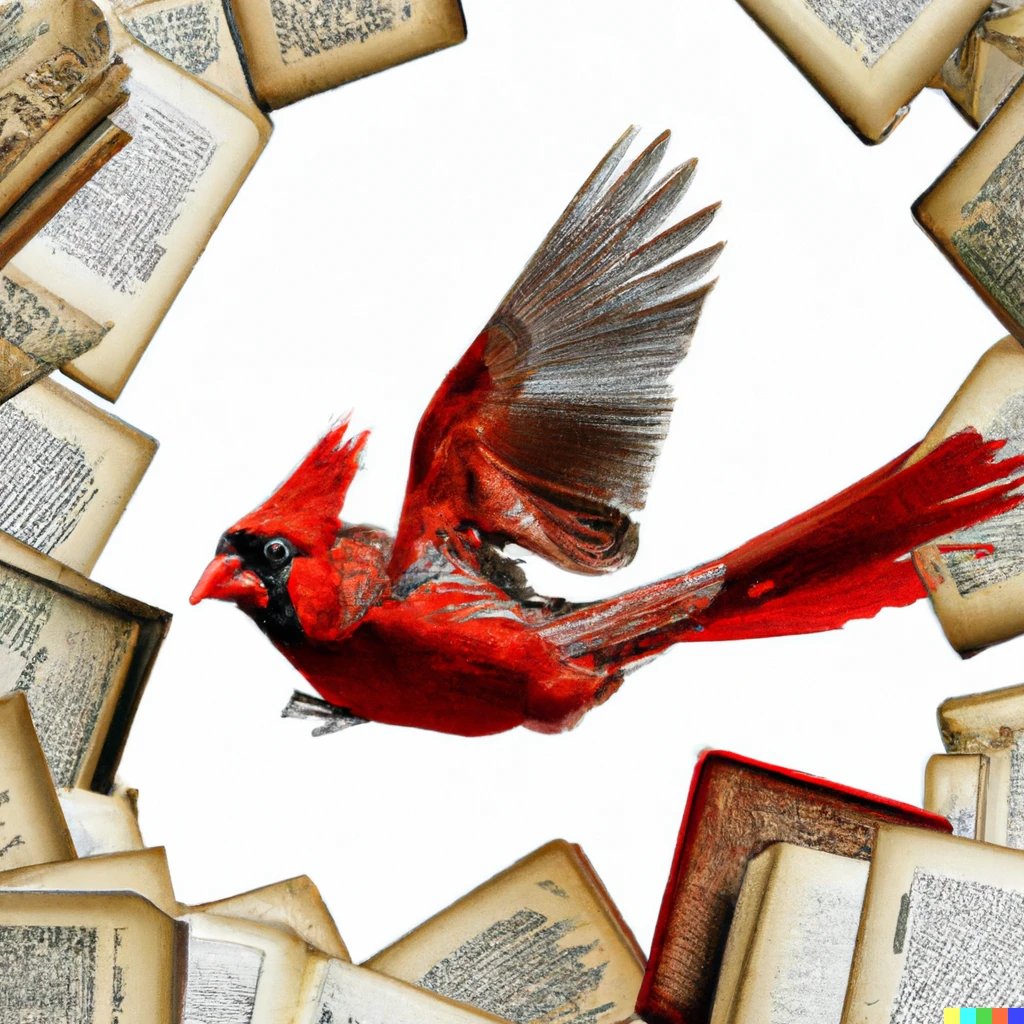 Prompt: A cardinal bird flying over a sea of books in Baroque style