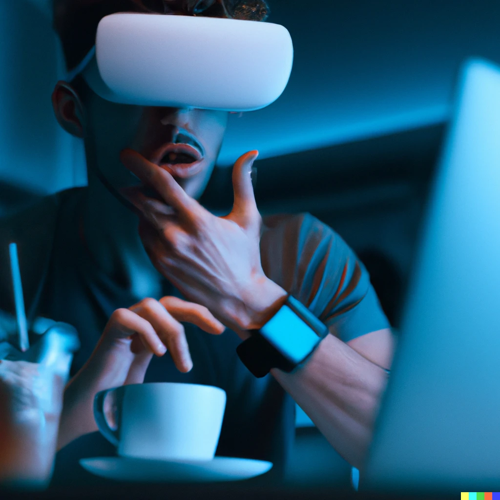 Prompt: a developer creating augmented reality experience, staying late at night, on high caffeine 