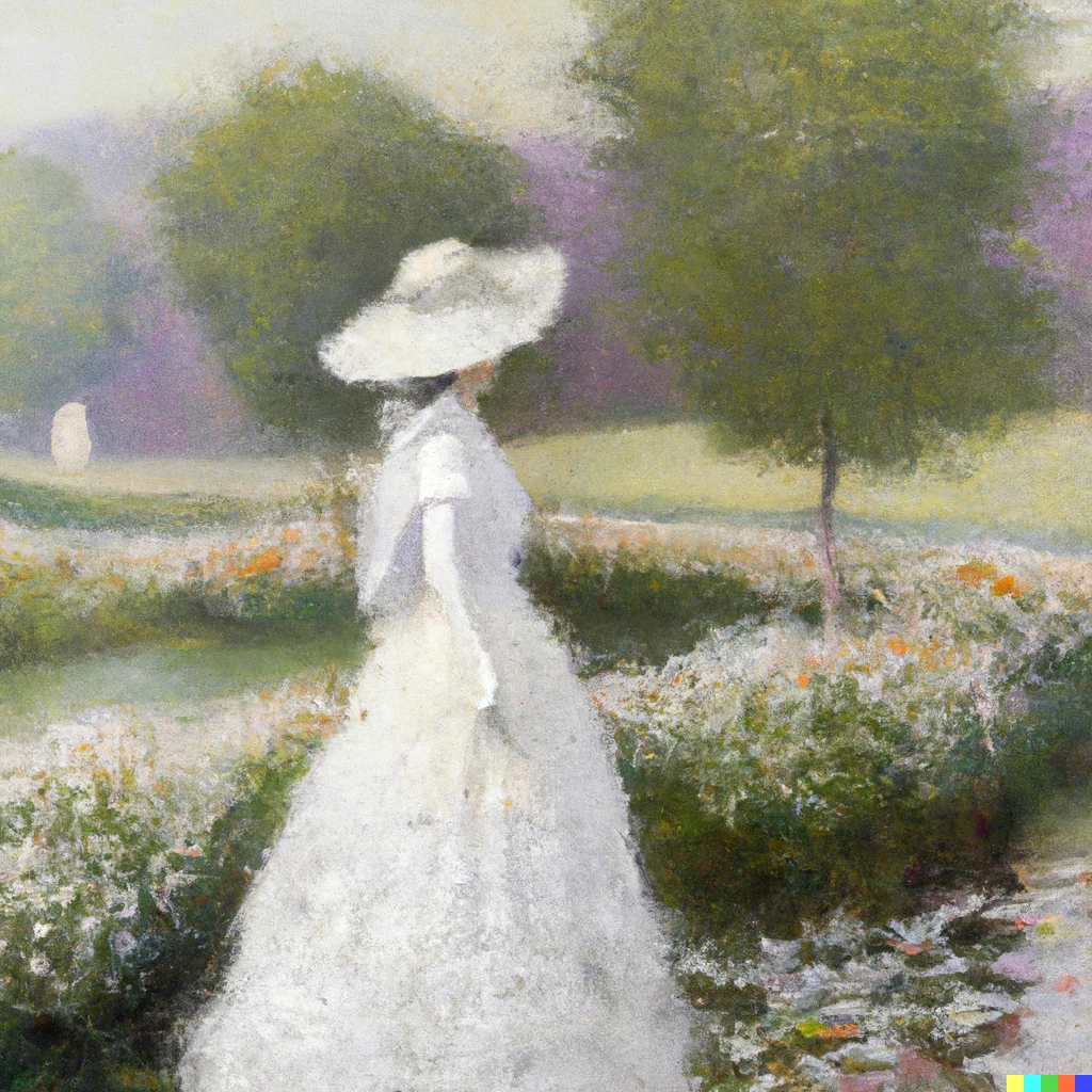 Prompt: a woman wearing a white dress and white hat in Claude Monet’s painting 