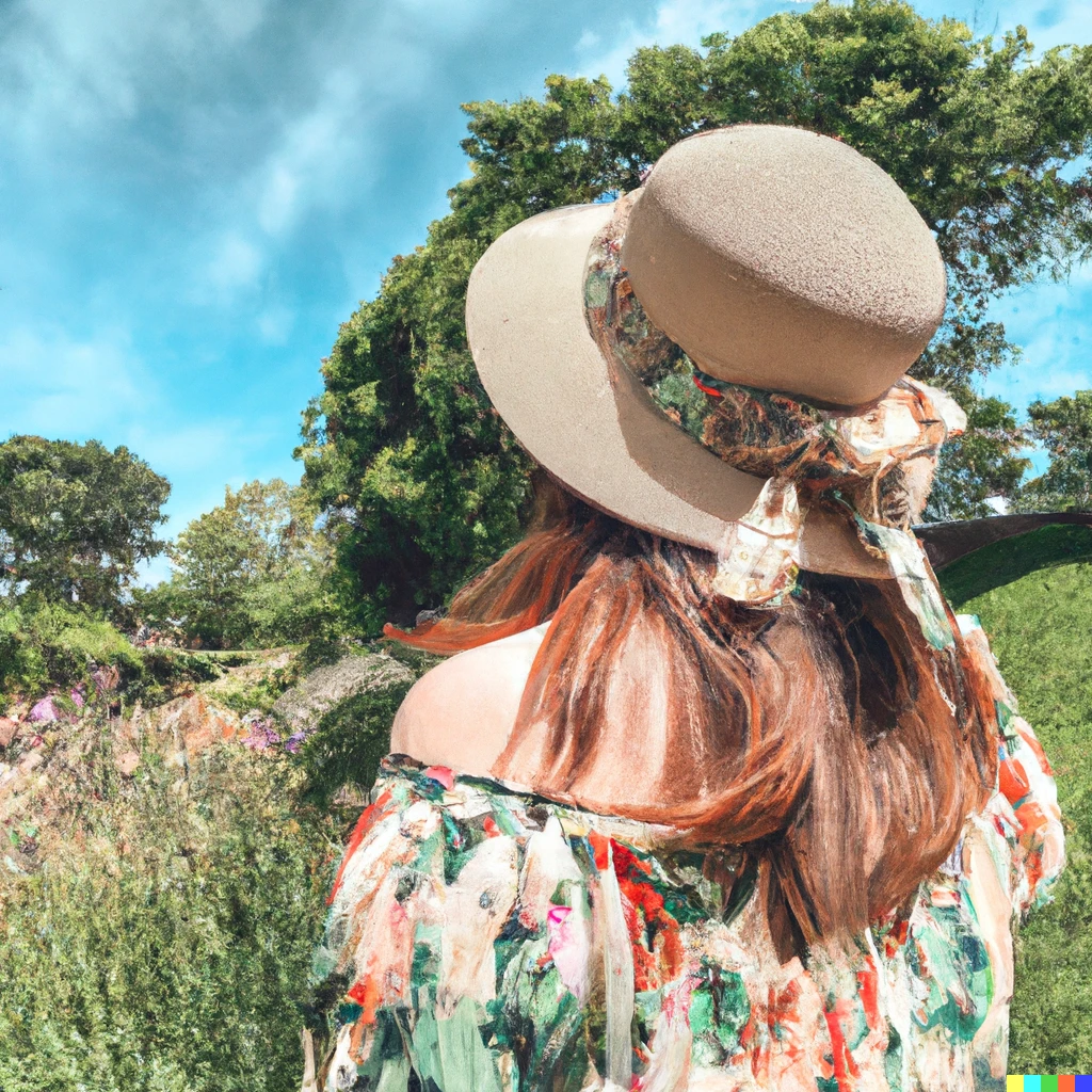 Prompt: a women wearing a floral dress and sun hat on a spring day