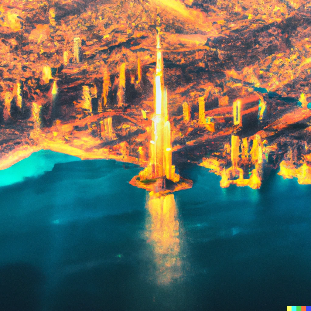 Prompt: the burj kalifa at sunset surrounded by only ocean in impressionism style as seen from above