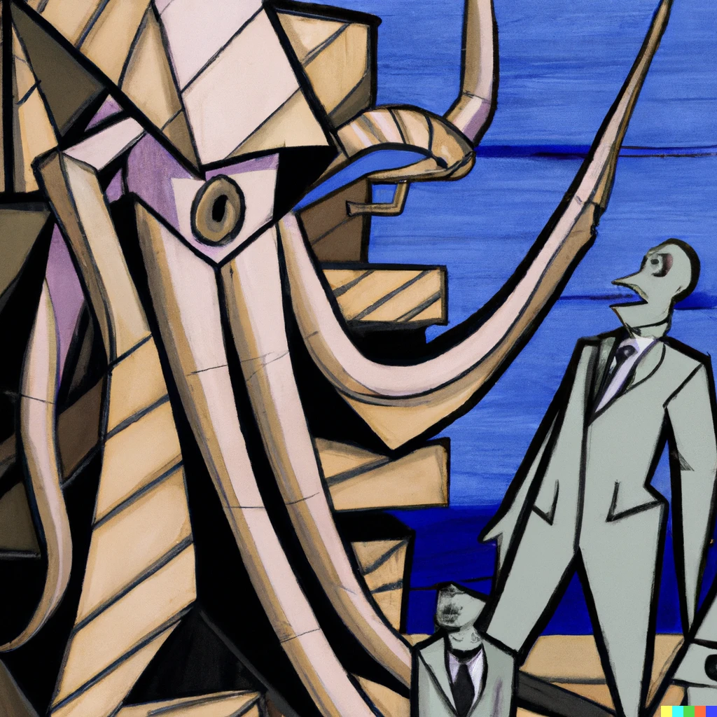 Prompt: Cubist painting of a giant squid in business attire barking orders at factory employees