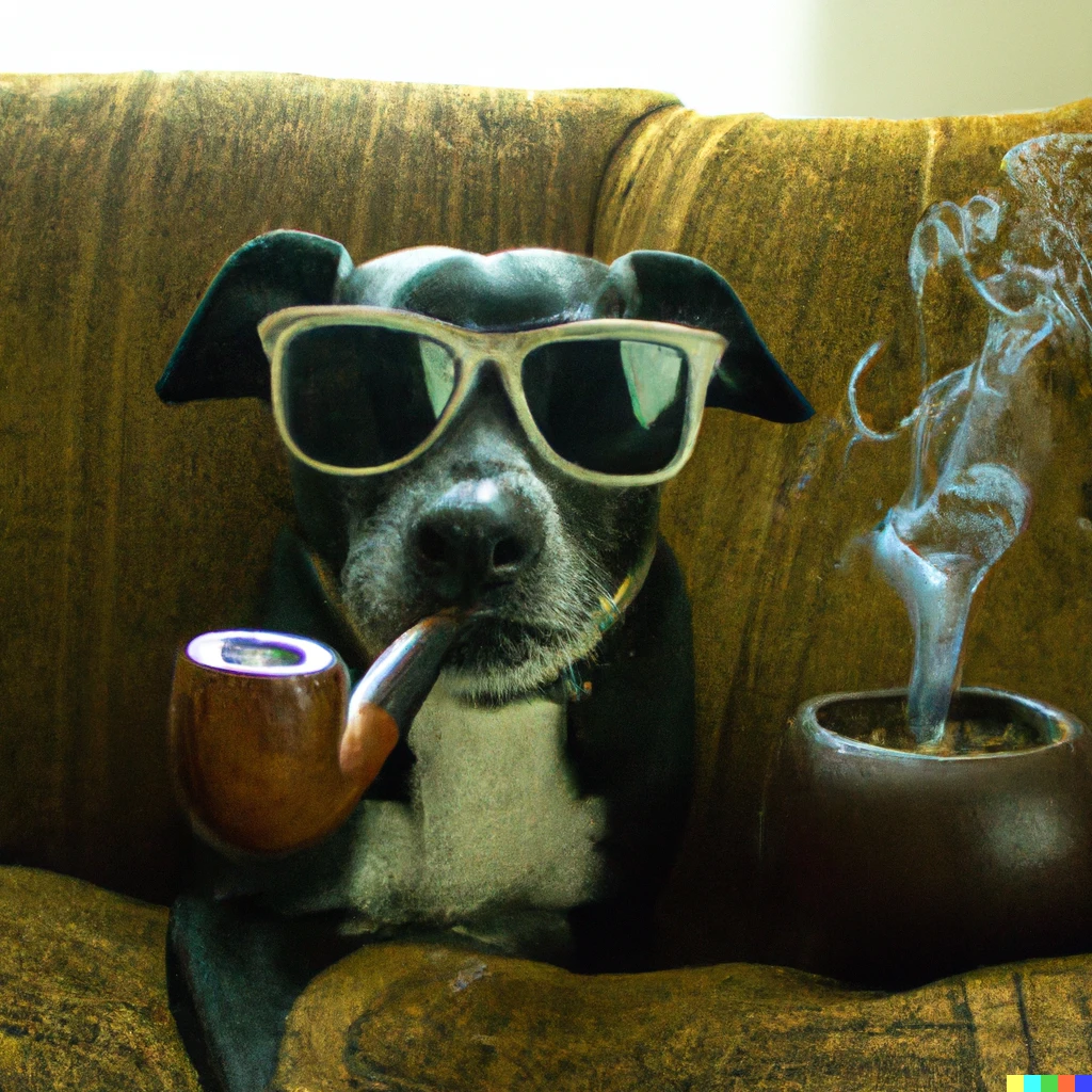 Prompt: a photo of a dog with sunglasses smoking pot on a couch