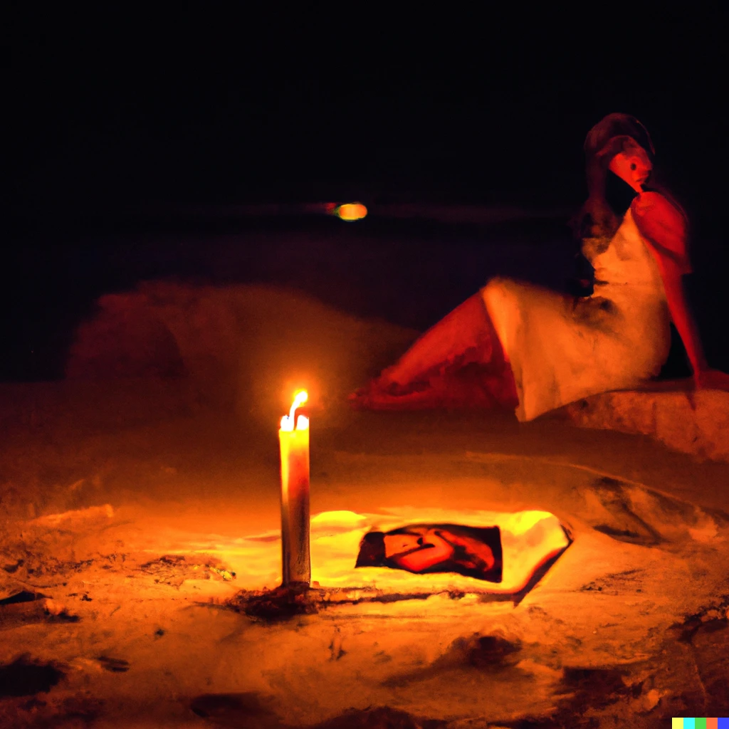 Prompt: a painting by Caravaggio of a pin up girl sitting next to the shore at midnight while lit by a candle in Sardinia in the beach of La Pelosa in Stintino