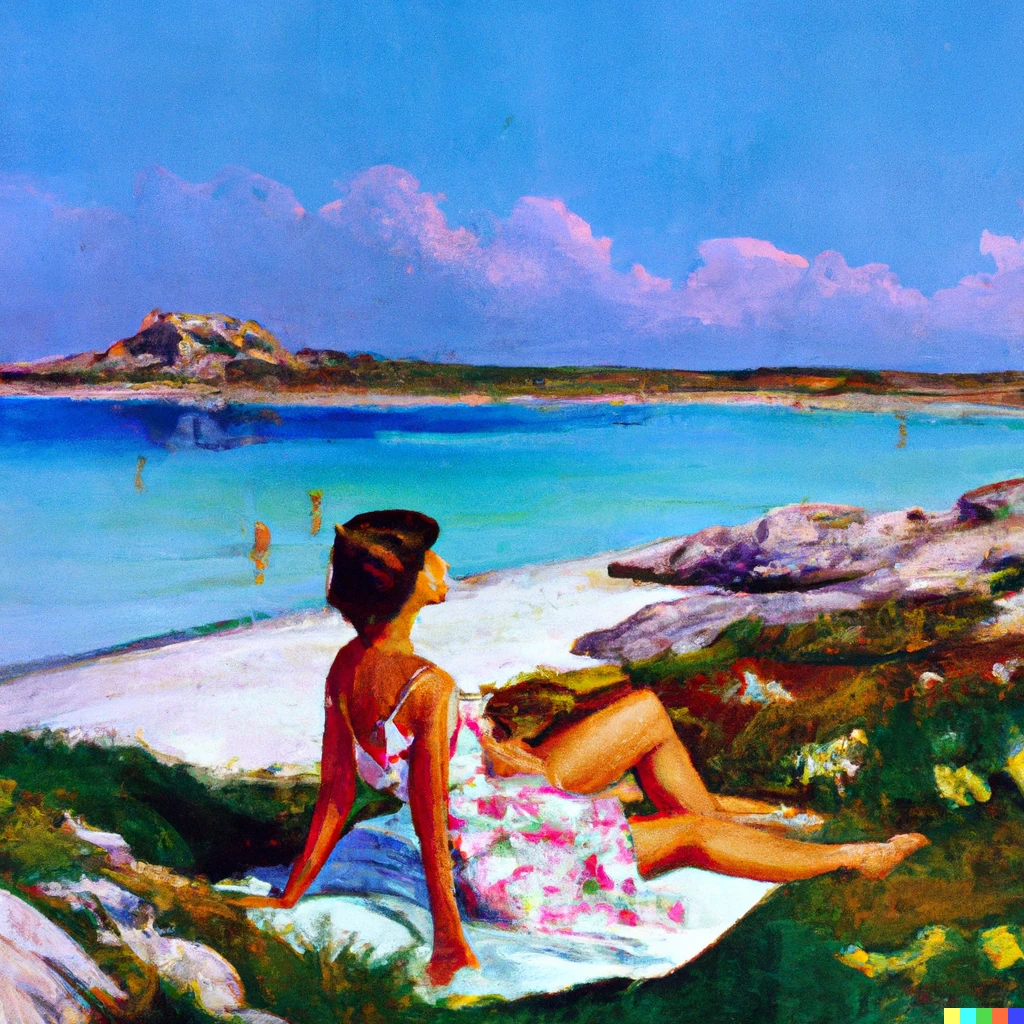 Prompt: a painting by Gil Elvgren of a pin up girl sitting next to the shore in Sardinia in the beach of La Pelosa in Stintino