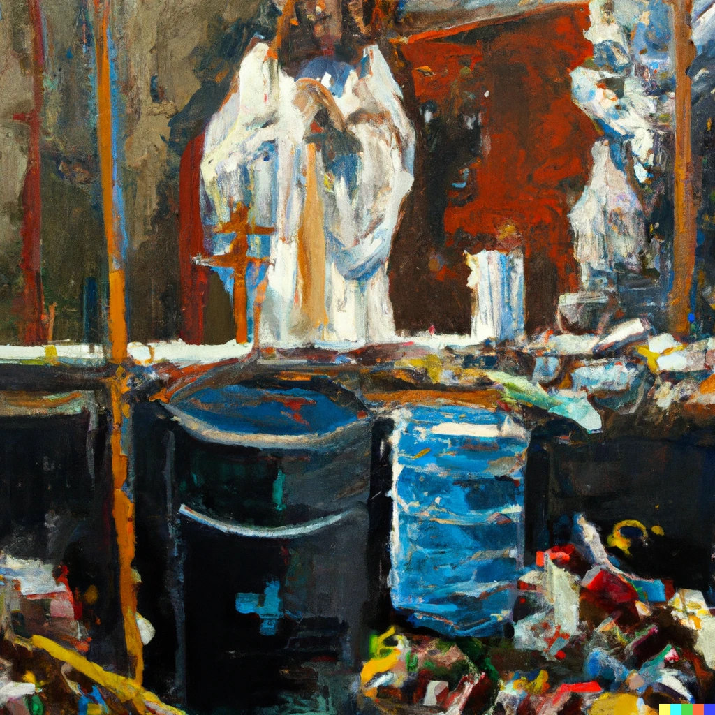 Prompt: jesus surrounded in trash, dumpster in background, detaied, oil painting, digital art