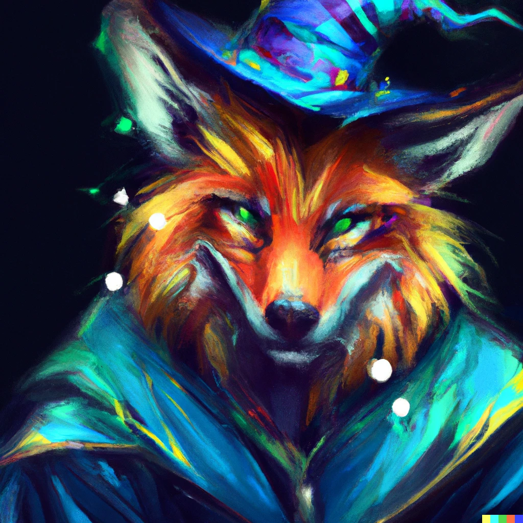 Prompt: colorful fox jester by Franciszek Żmurko | digital art, dark fantasy, portrait