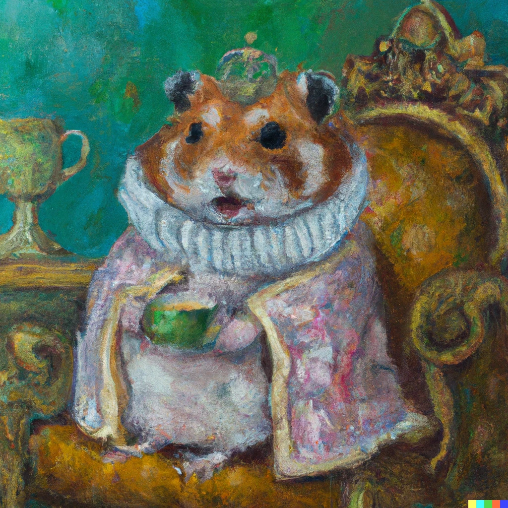 Prompt: An impressionist oil painting of a royal hamster sipping tea, wearing an ornate crown and royal robe