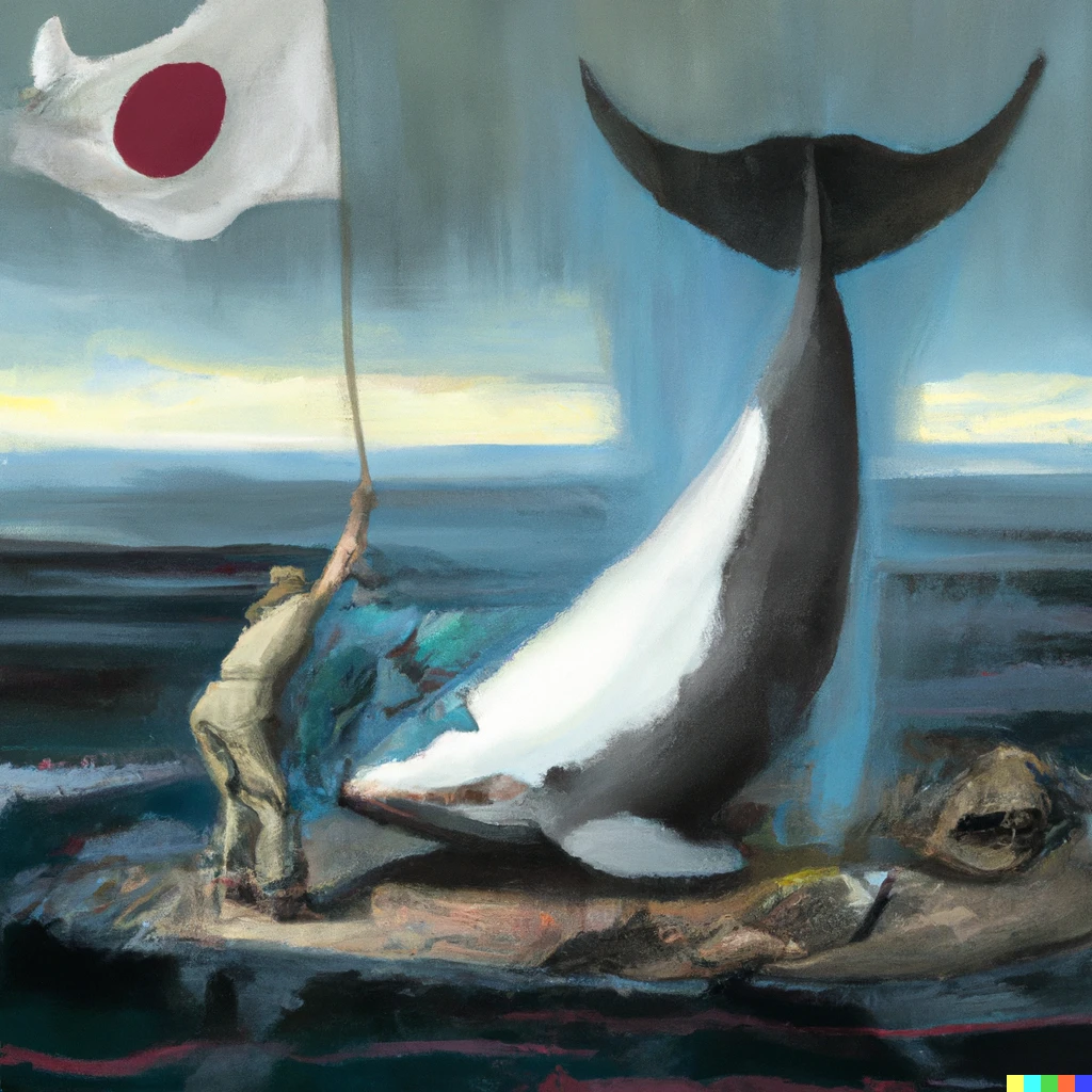 Prompt: Surrealist painting of a fisherman planting a japanese flag into a whale carcass in Times Square 
