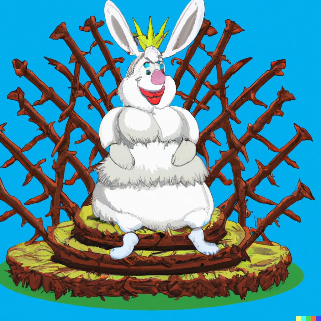 Prompt: A cartoon throne made of honey locust thorns with a bunny queen 