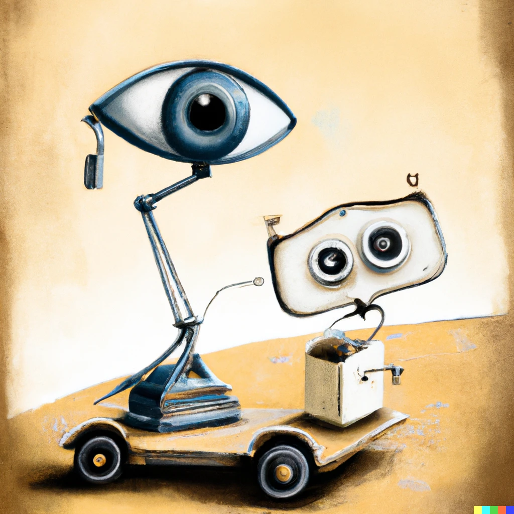 Prompt: WALL-E with Dolly in the style of Dali