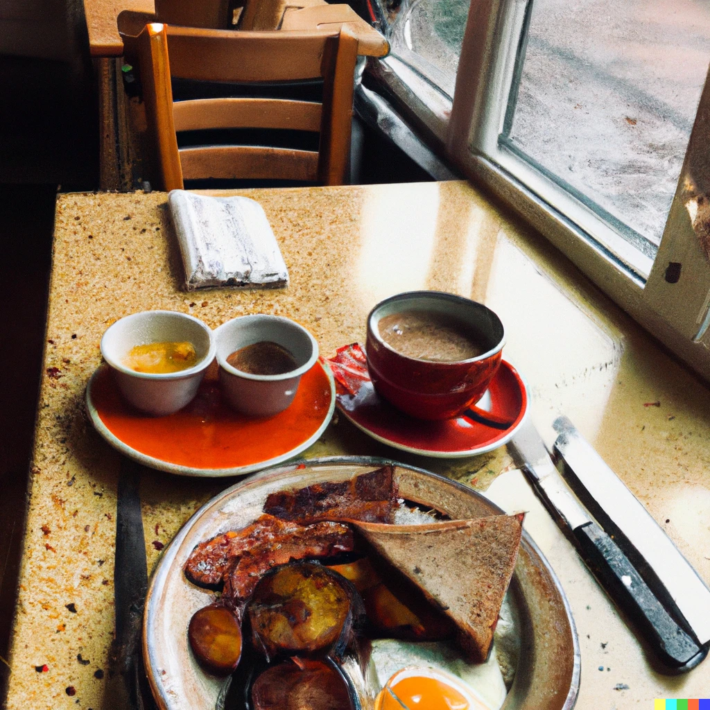Prompt: a full English breakfast in a cozy cafe on a rainy day