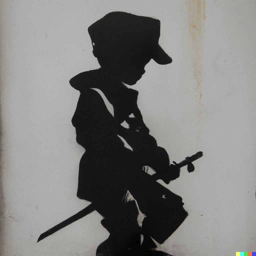 Prompt: A child soldier by Banksy